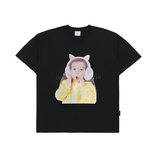 Baby Face Cat Earplug Short Sleeve T-Shirt (Black)